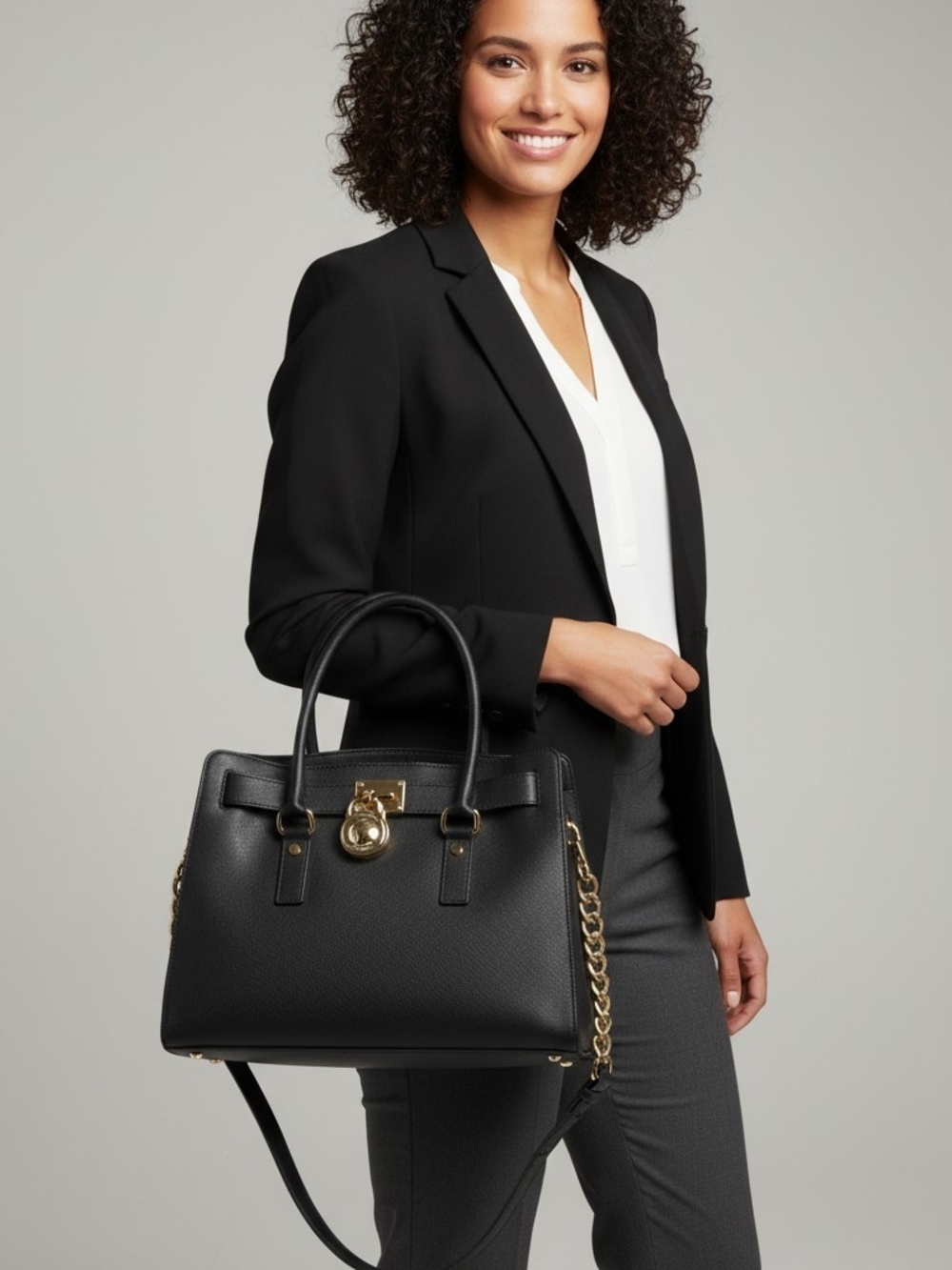 Michael Kors Black Leather Satchel Crossbody with Gold Hardware
